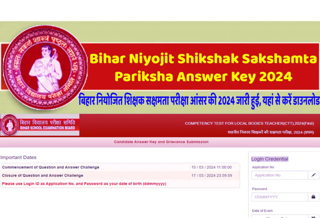Bihar Niyojit Shikshak Sakshamta Pariksha Answer Key 2024 बिहार नियोजित शिक्षक सक्षमता परीक्षा आंसर की 2024 जारी हुई, यहां से करें डाउनलोड www.bsebsakshamta.com