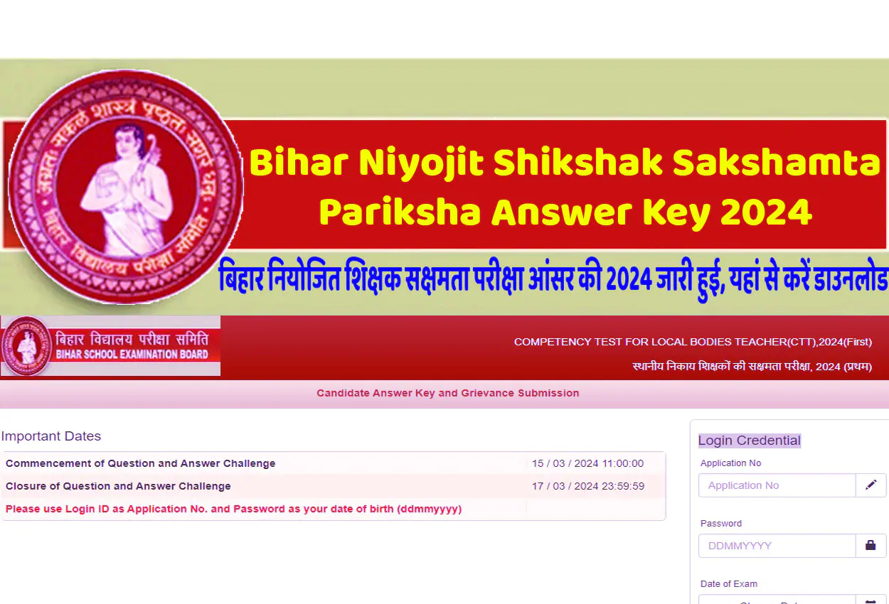 Bihar Niyojit Shikshak Sakshamta Pariksha Answer Key 2024 बिहार नियोजित शिक्षक सक्षमता परीक्षा आंसर की 2024 जारी हुई, यहां से करें डाउनलोड www.bsebsakshamta.com